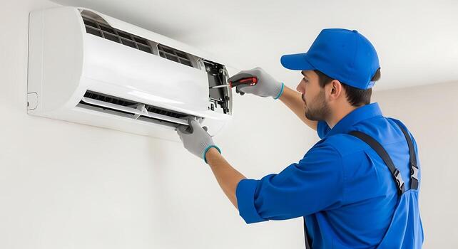 Installing a split AC unit on a residential wall in Dubai