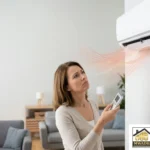 Frustrated homeowner in Dubai apartment looking at AC blowing warm air.