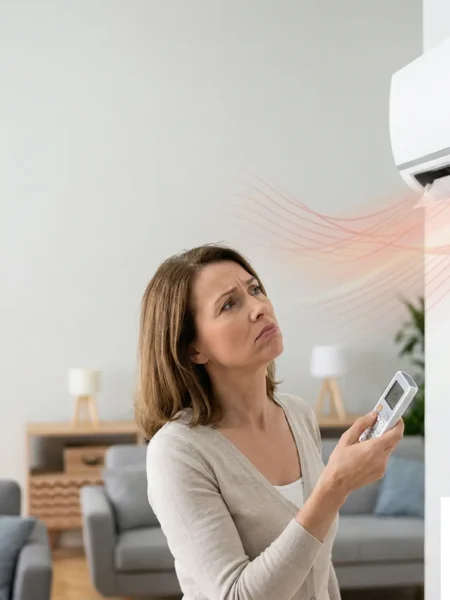 Frustrated homeowner in Dubai apartment looking at AC blowing warm air.