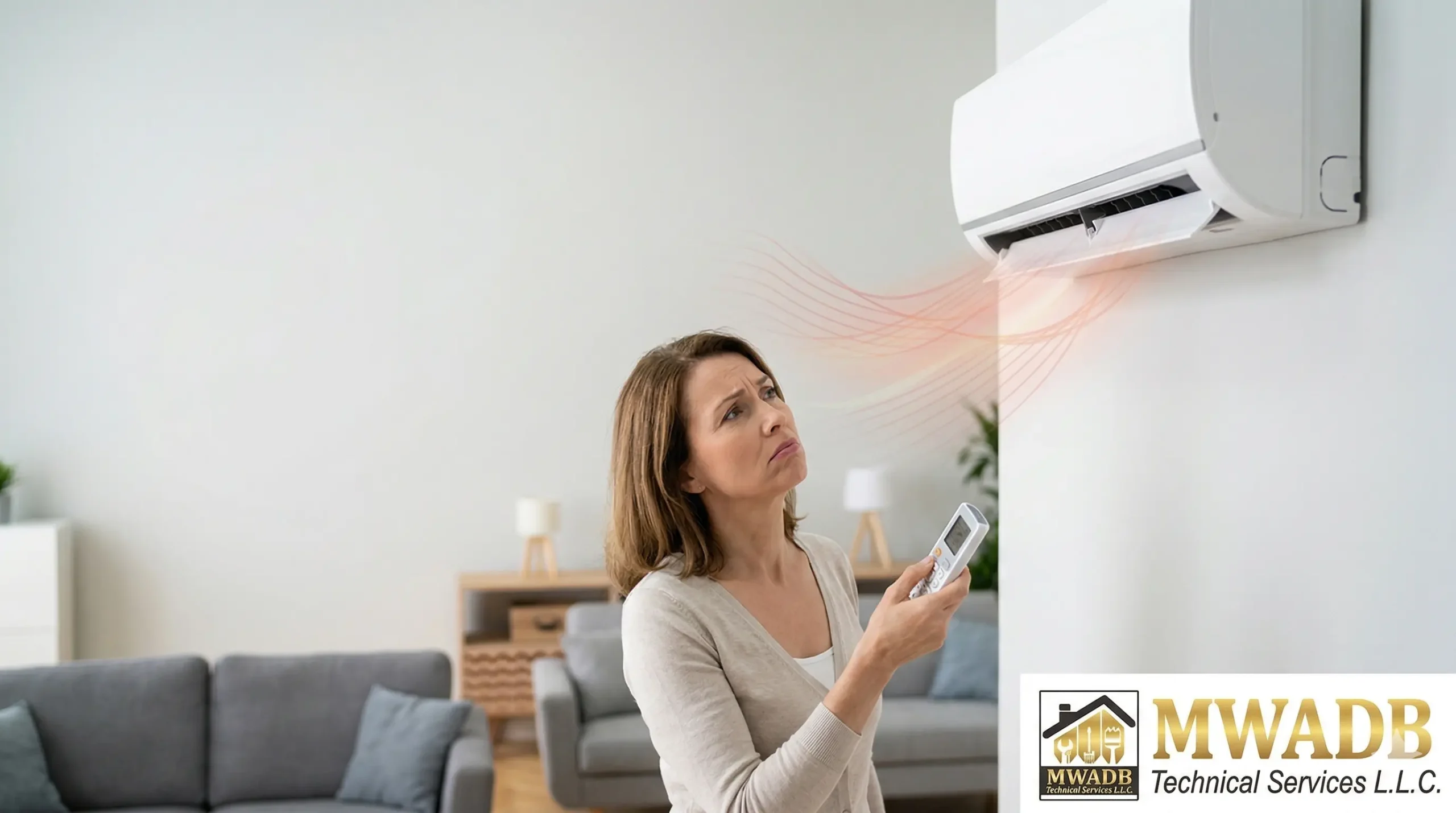 Frustrated homeowner in Dubai apartment looking at AC blowing warm air.