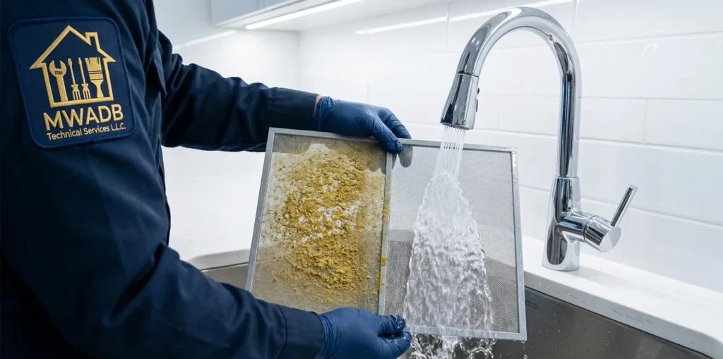 Close-up of gloved technician hands washing AC filter under running water.