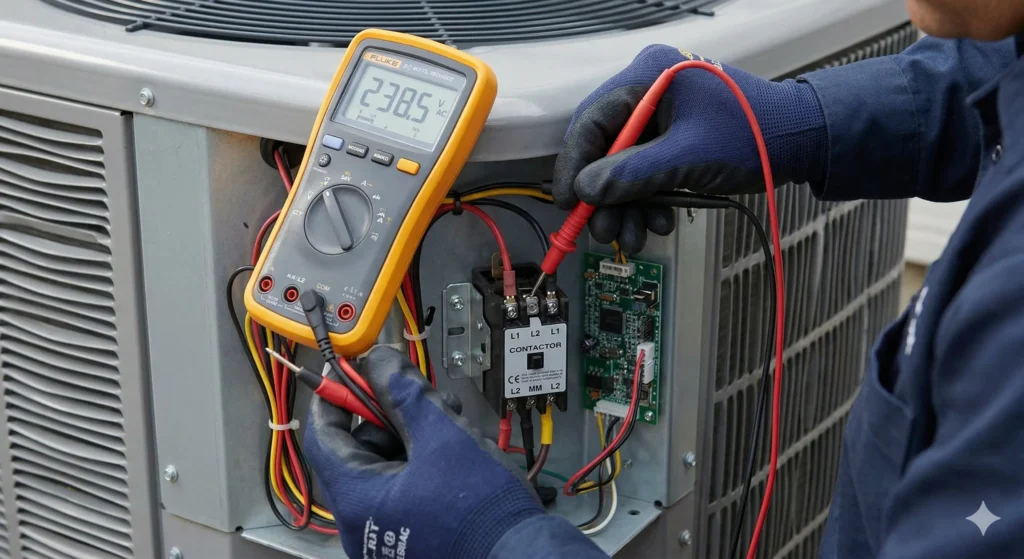 technician using multimeter to test electrical components of an AC unit