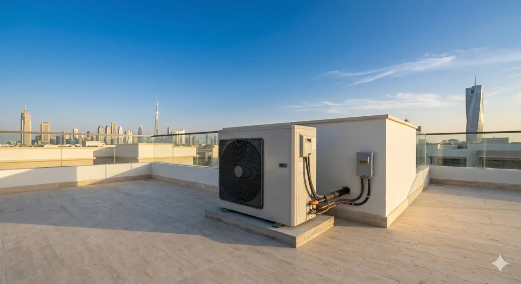 Clean outdoor AC condenser unit on a Dubai rooftop
