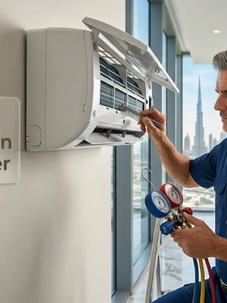 MWADB technician cleaning split AC filter in Dubai apartment.